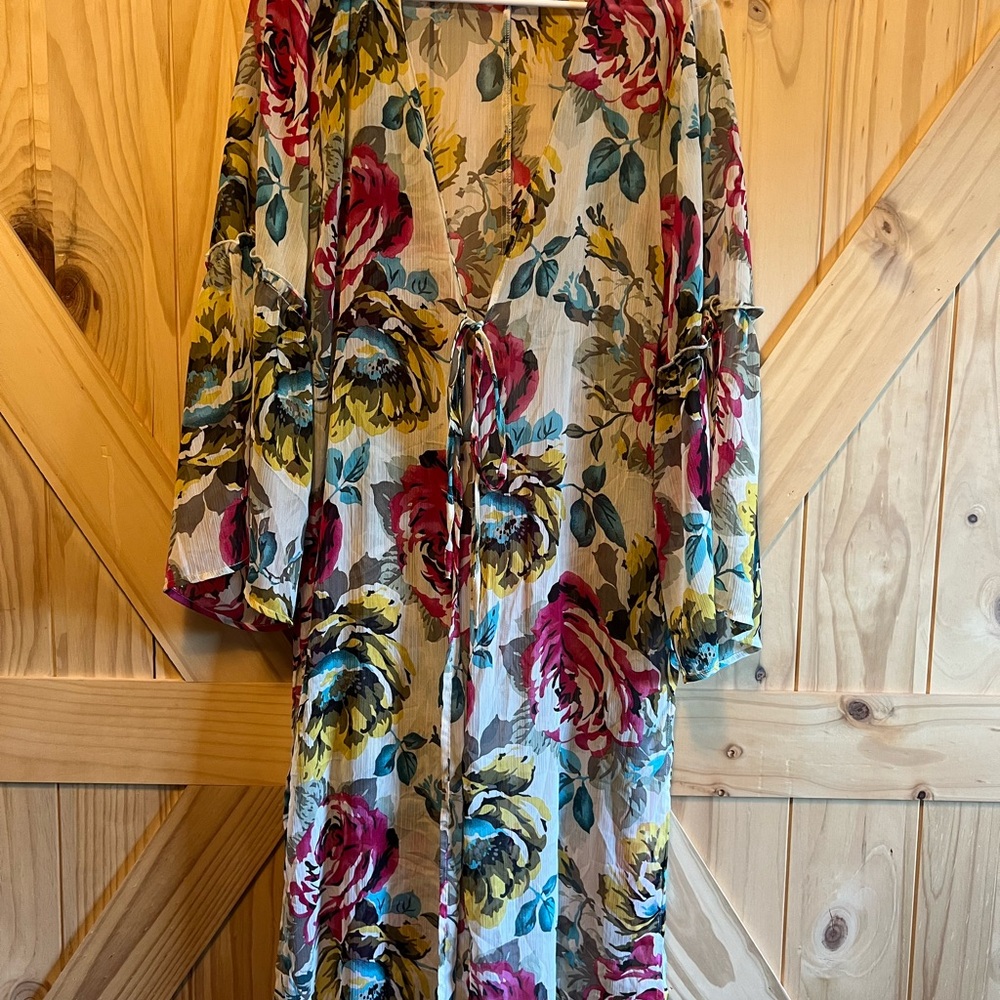 Band of Gypsies Sheer Floral Kimono Duster Rose Print Maxi Tie Front Size S